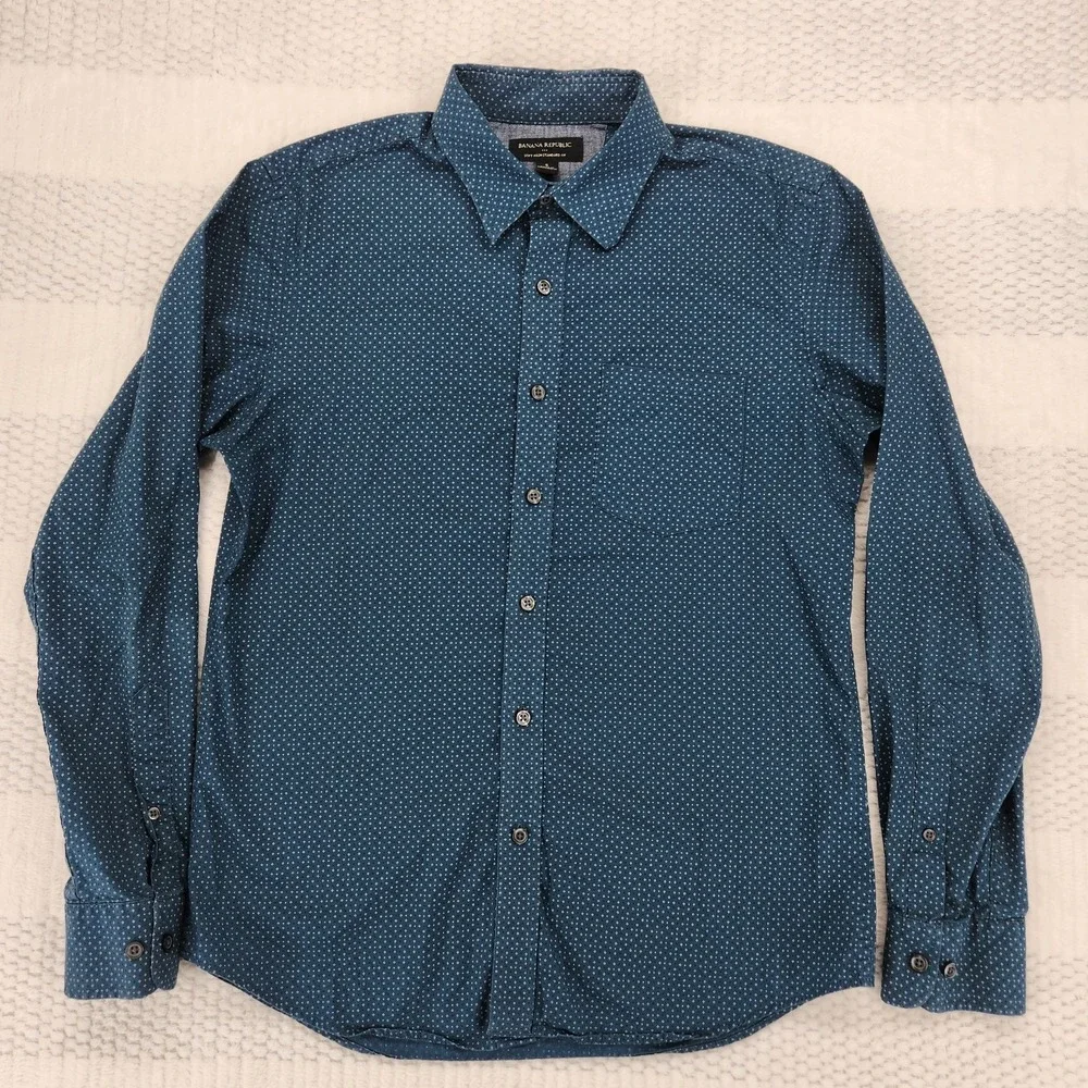 Banana Republic Standard Fit Shirt Navy Blue Micro Dot Button Up Mens Small